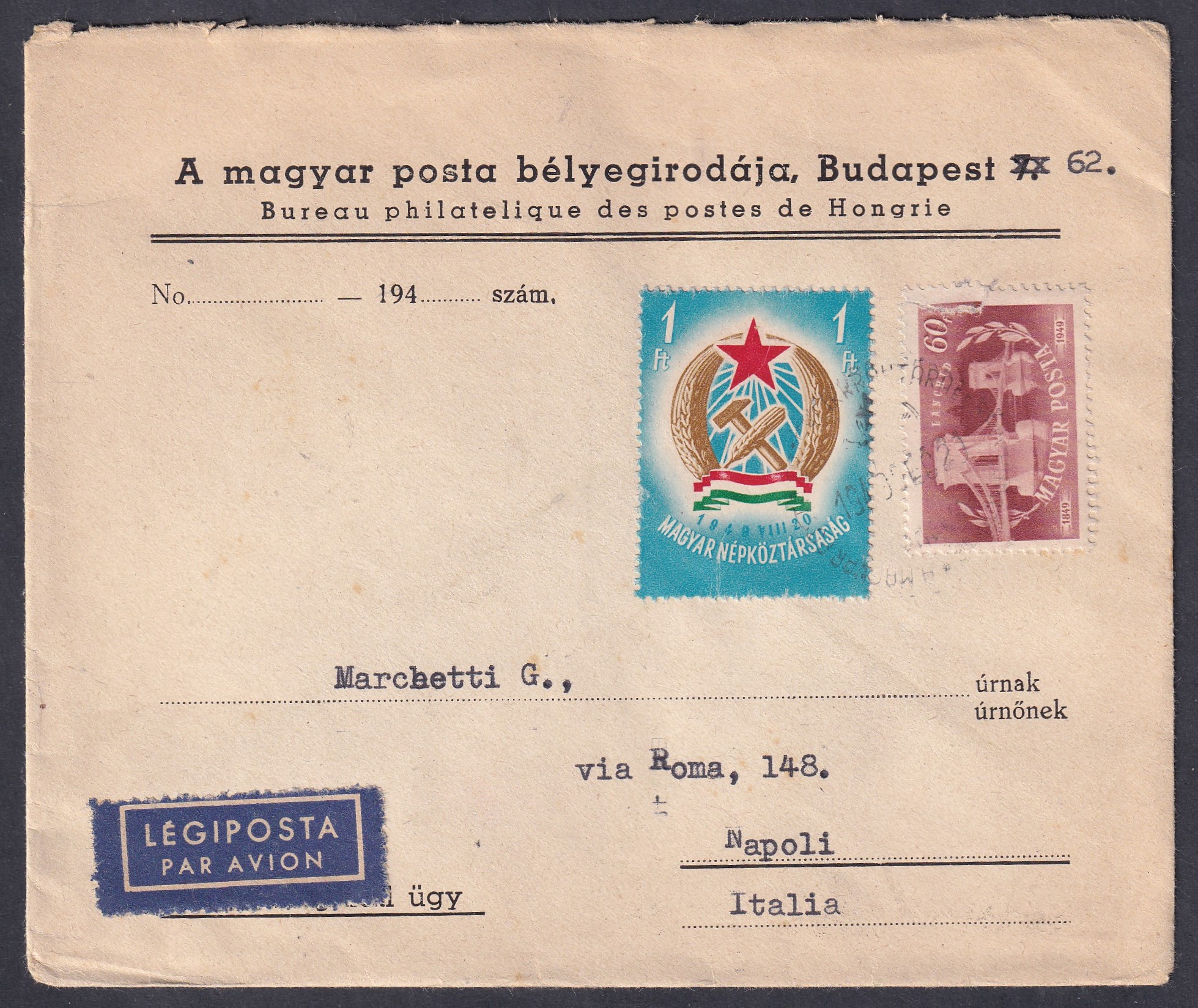 IMG_20260610_0012 1949. Magyar Posta értékcikk raktár, Olaszországba feladott 2. súlyfokozatú ajánlott levél