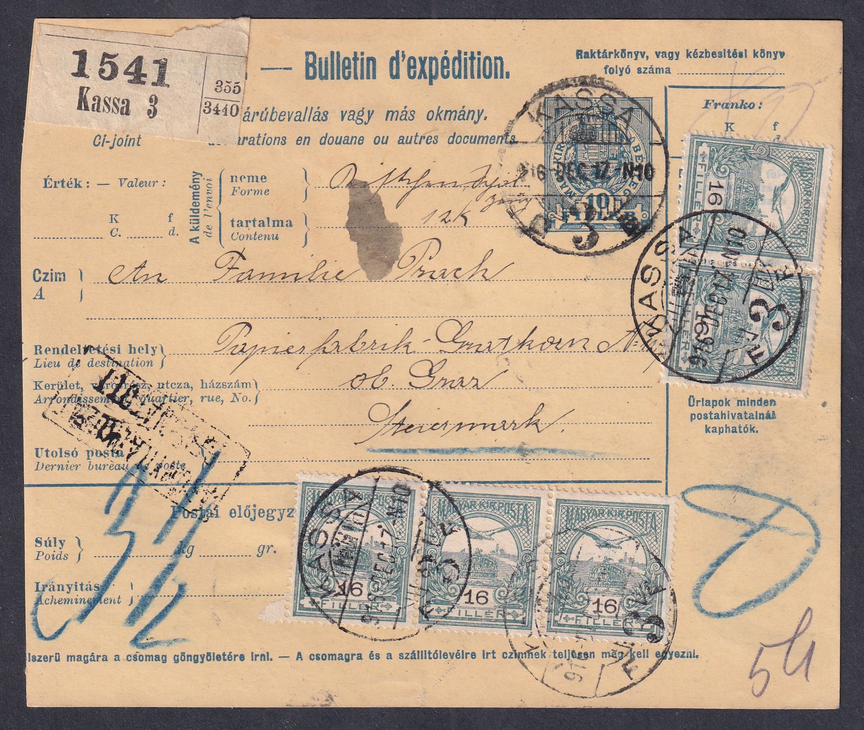 1916. Kassa, Ausztriába feladott szállítólevél, 4+1 Heller fekbérrel