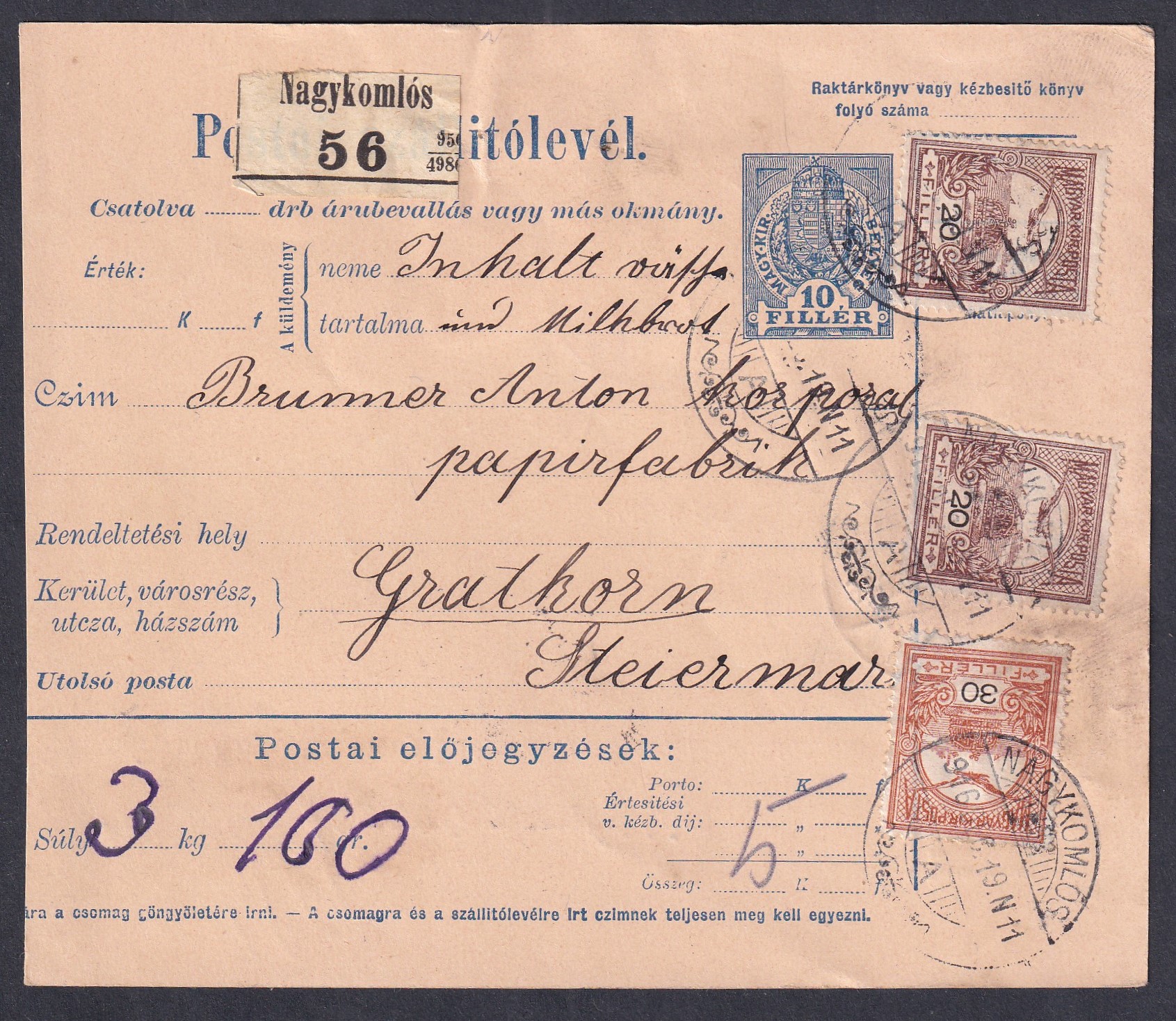 1916. Nagy komlós, Ausztriába feladott szállítólevél, 4+1 Heller fekbérrel
