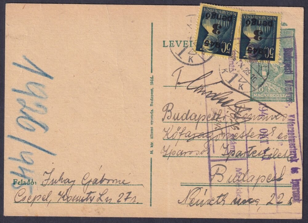 1945. Csepel, Budapestre feladott levelezőlap álvegyes bérmentesítéssel