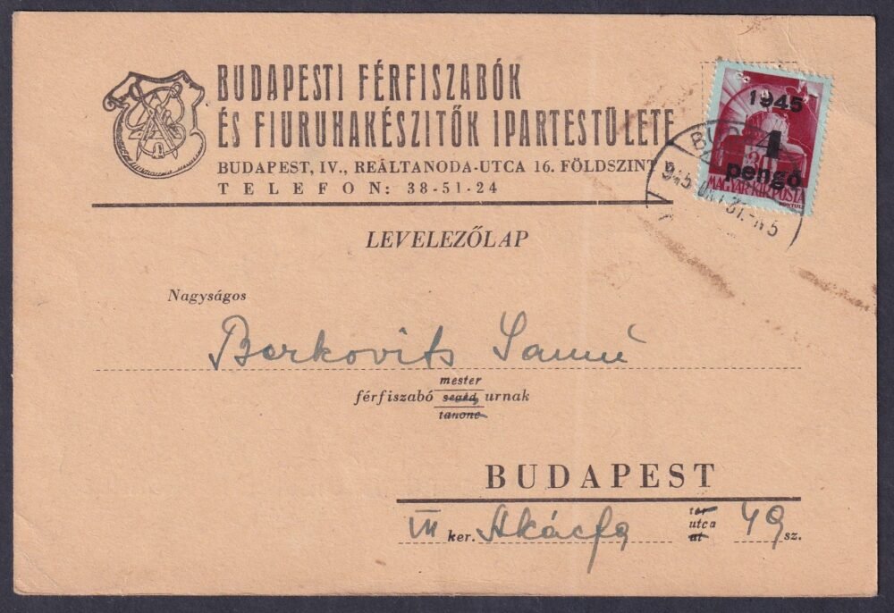 1945. Budapest, helyben feladott levelezőlap