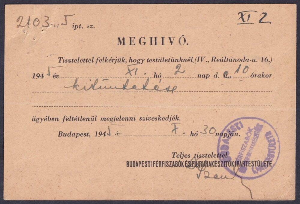 1945. Budapest, helyben feladott levelezőlap