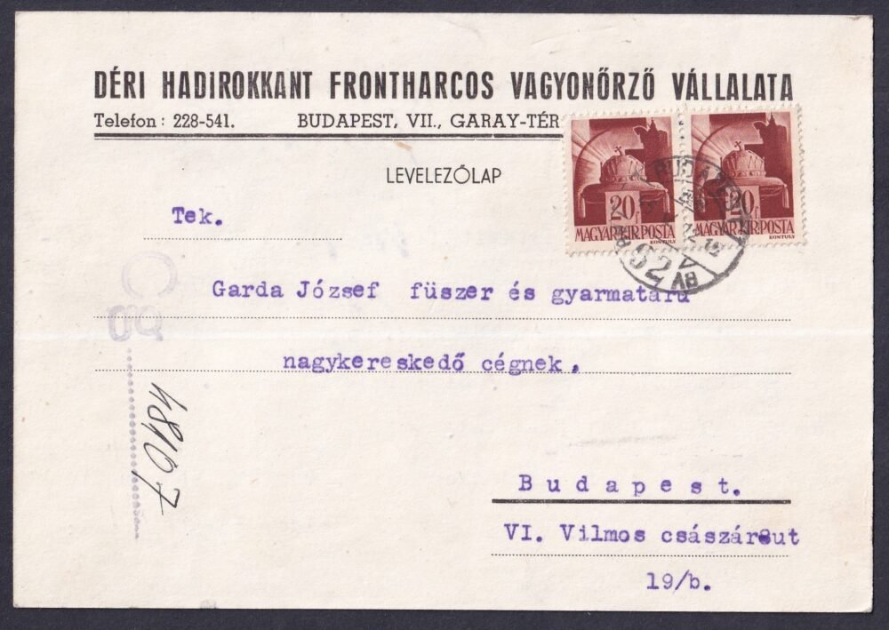 1945. Budapest, helyben feladott levelezőlap