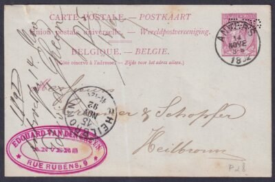 1892. Belgium, díjjegyes levelezőlap *EADG* perfin