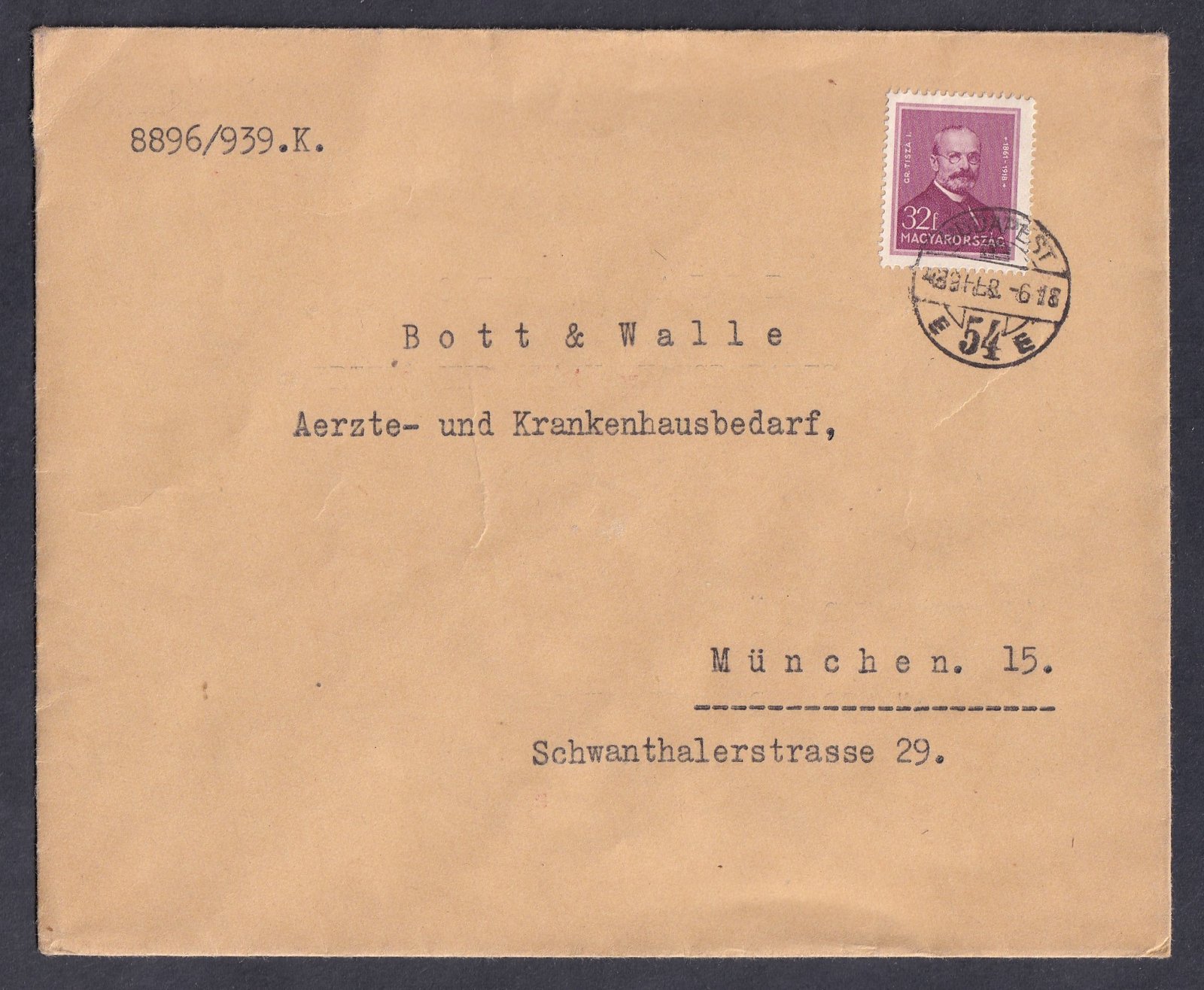 1939. Budapest, München-be feladott levél