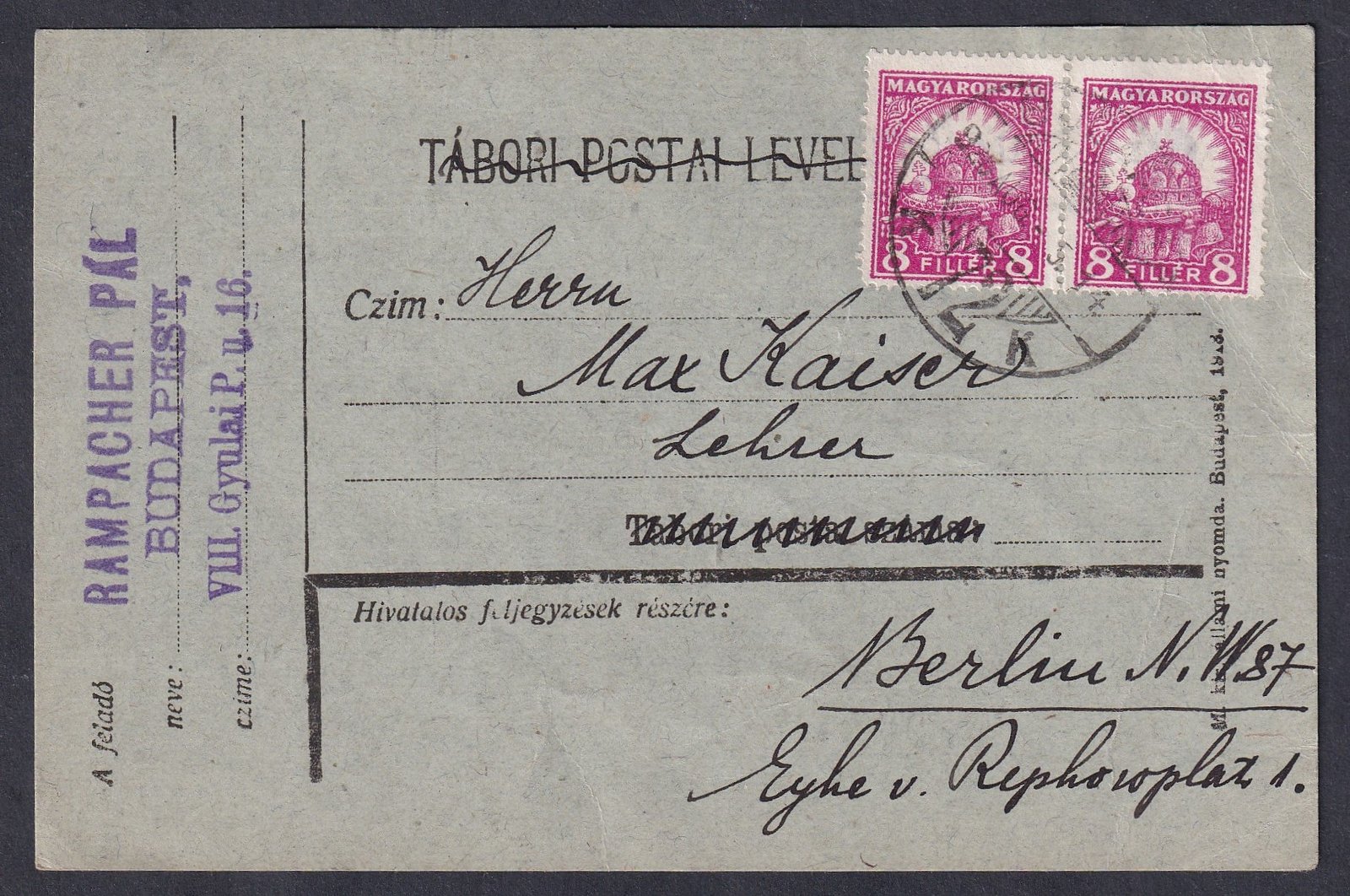 1926. Budapest, Berlinbe feladott levelezőlap, Táboriposta levelezőlap polgári felhasználása