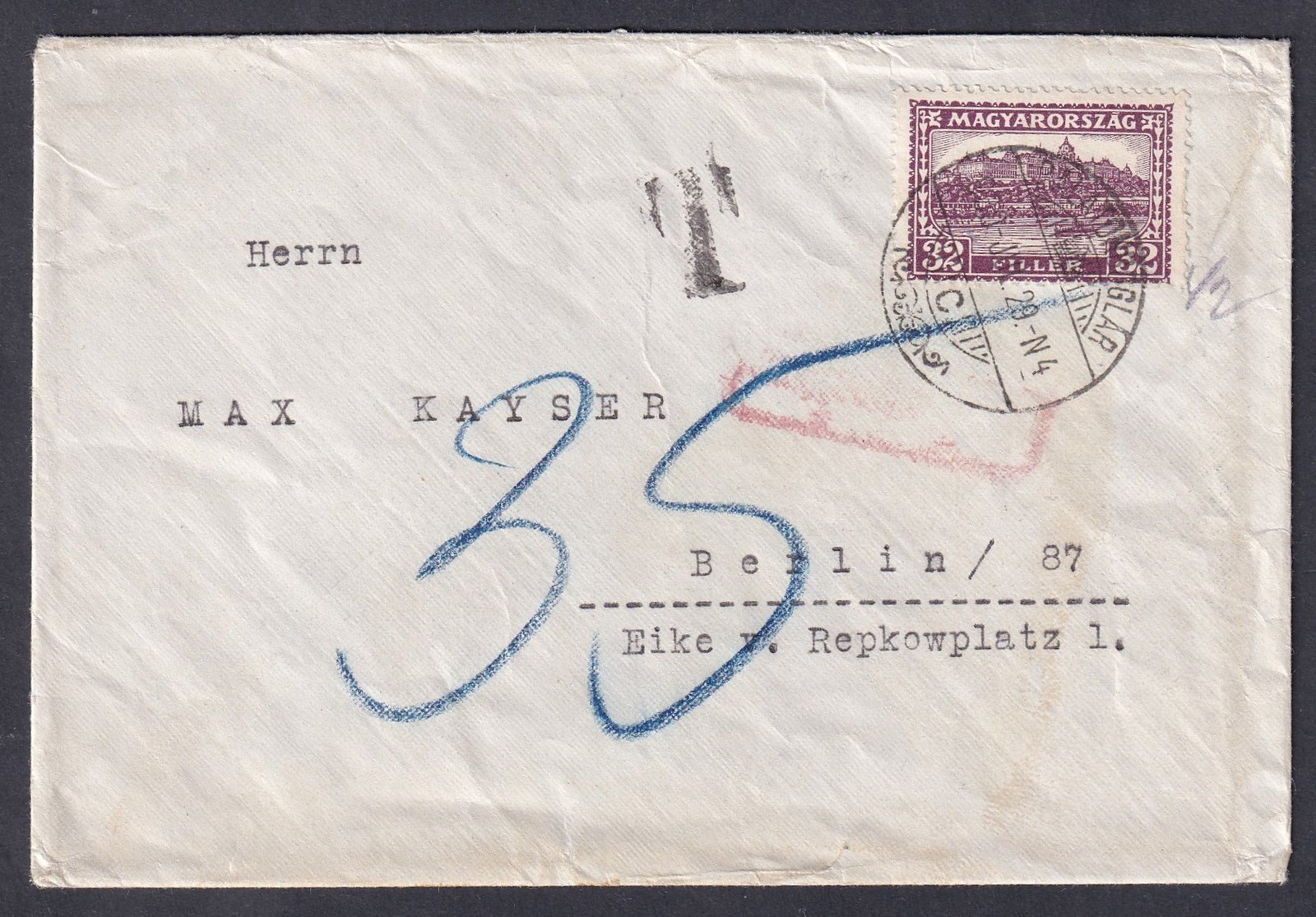 1930. Balatonboglár–Berlin levél, elégtelen bérmentesítéssel. A német posta a küldeményt 2. súlyfokozatba sorolta, ezért portóval terhelte – az időszakban kifejezetten ritka előfordulás