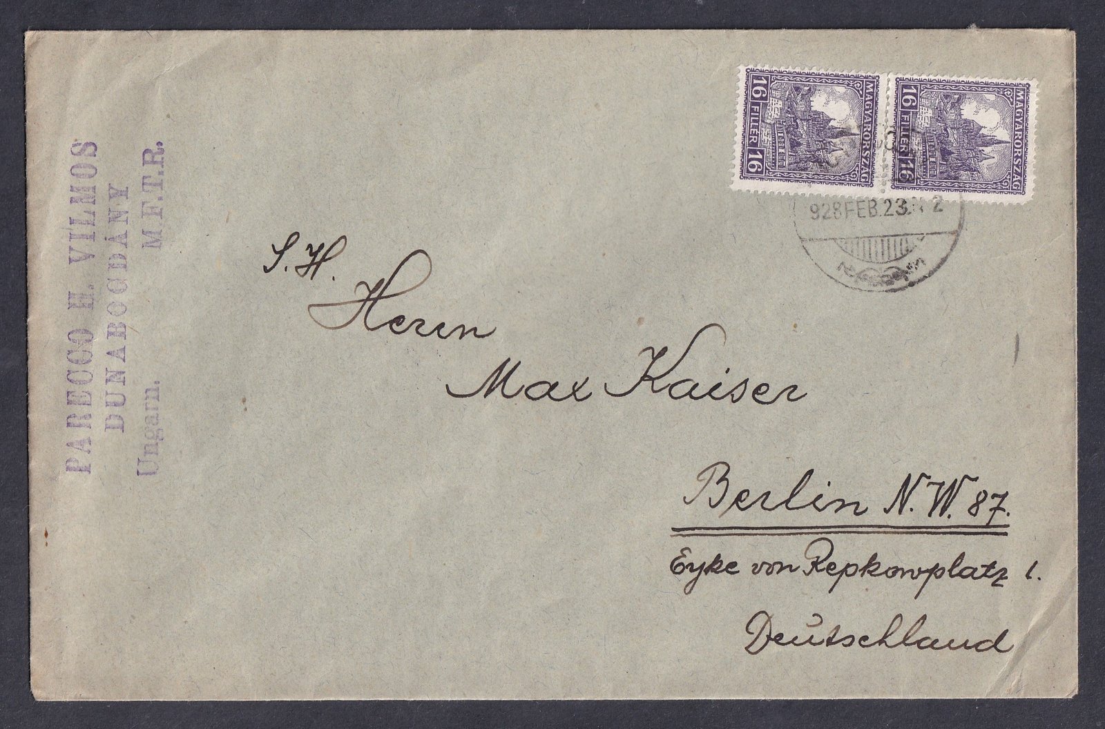 1928. Dunabogdány, Berlinbe feladott levél