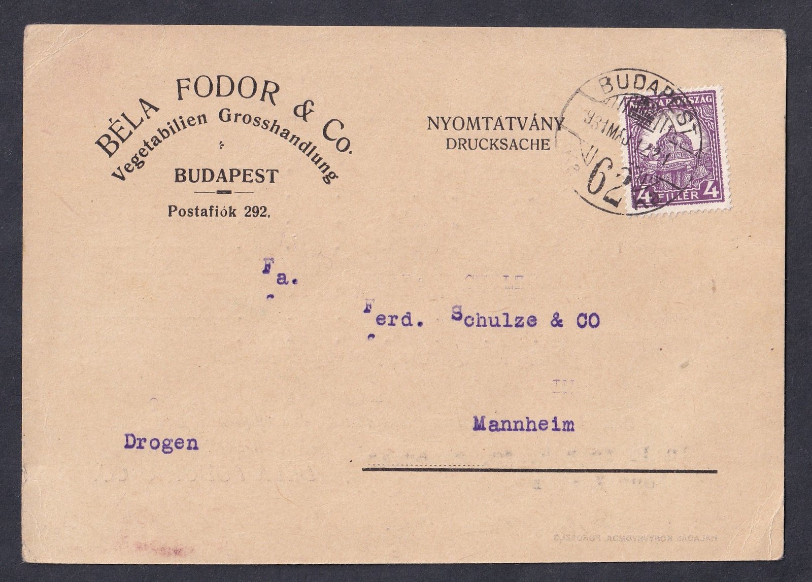 1931. Budapest, Mannheim-be feladott nyomtatvány - tartalommal