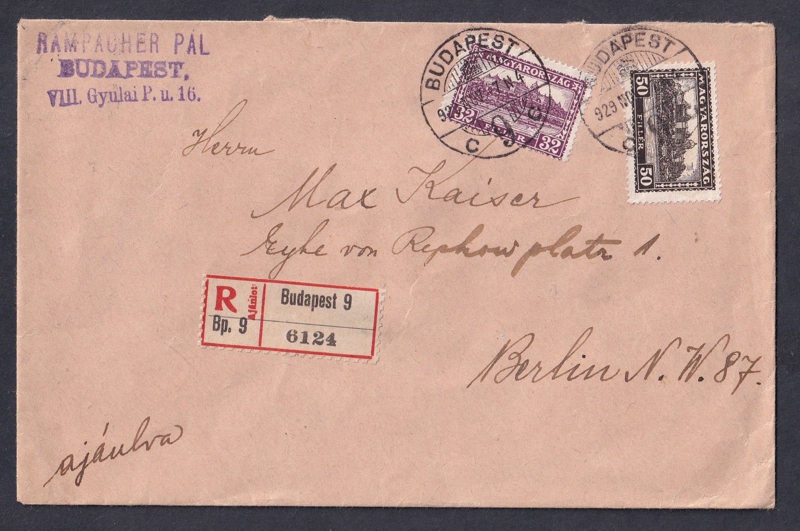 1929. Budapest, Berlinbe feladott ajánlott levél