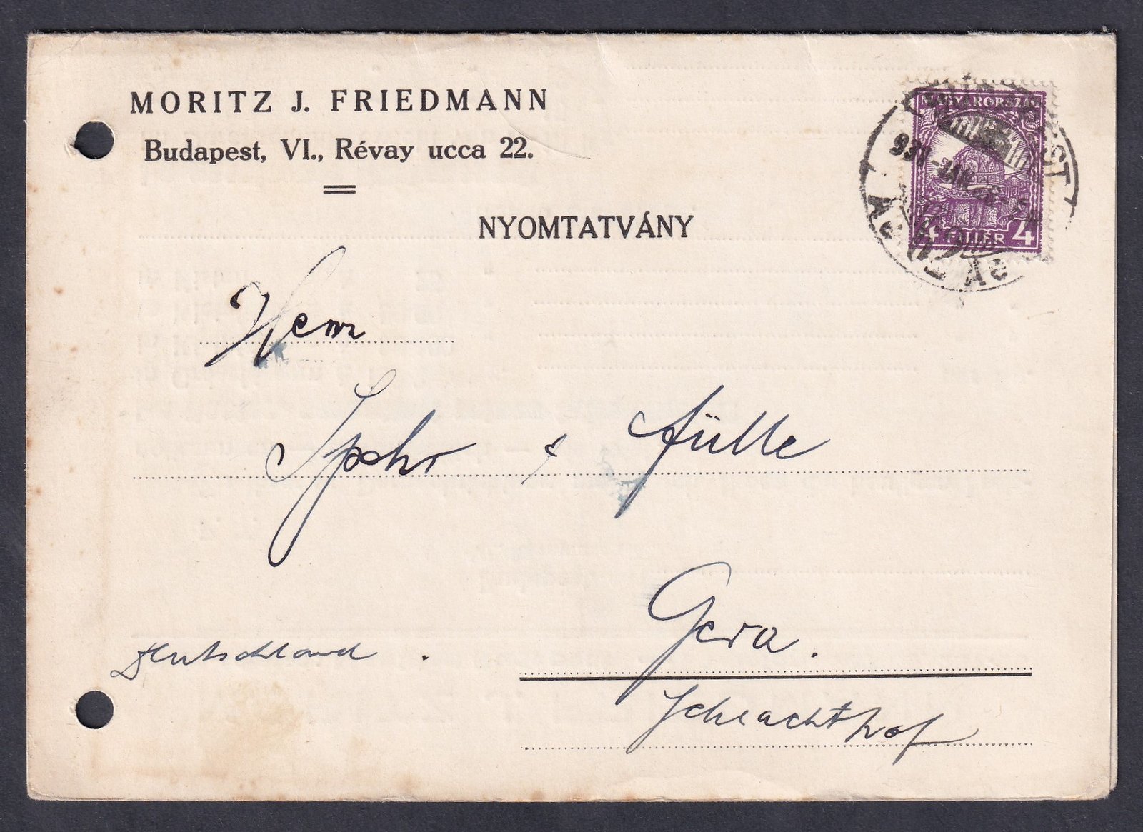 1931. Budapest, Gera (Németországba) feladott nyomtatvány, teljes tartalommal