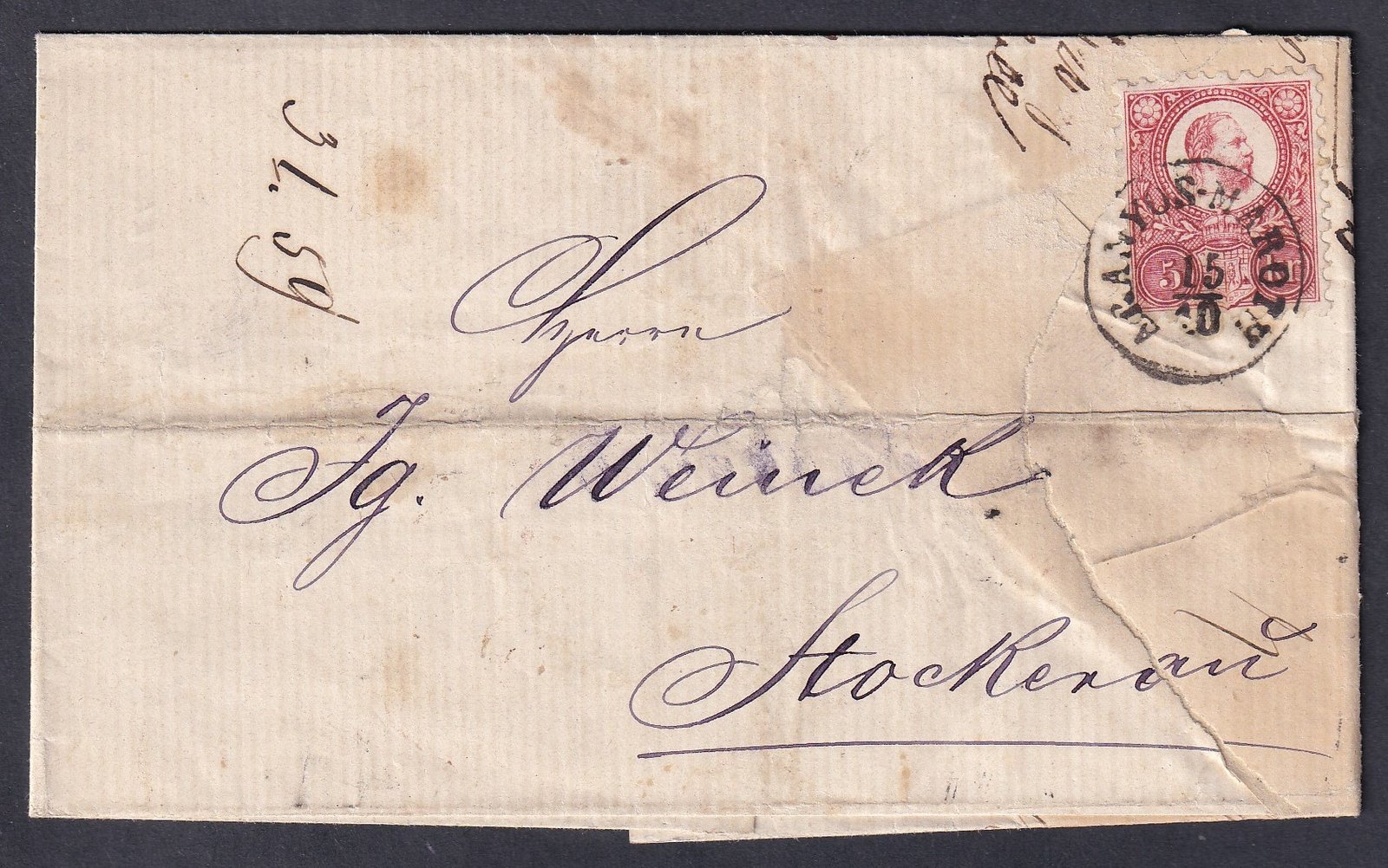 1874. Aranyos-Maroth, Stockerau-ba feladott levél