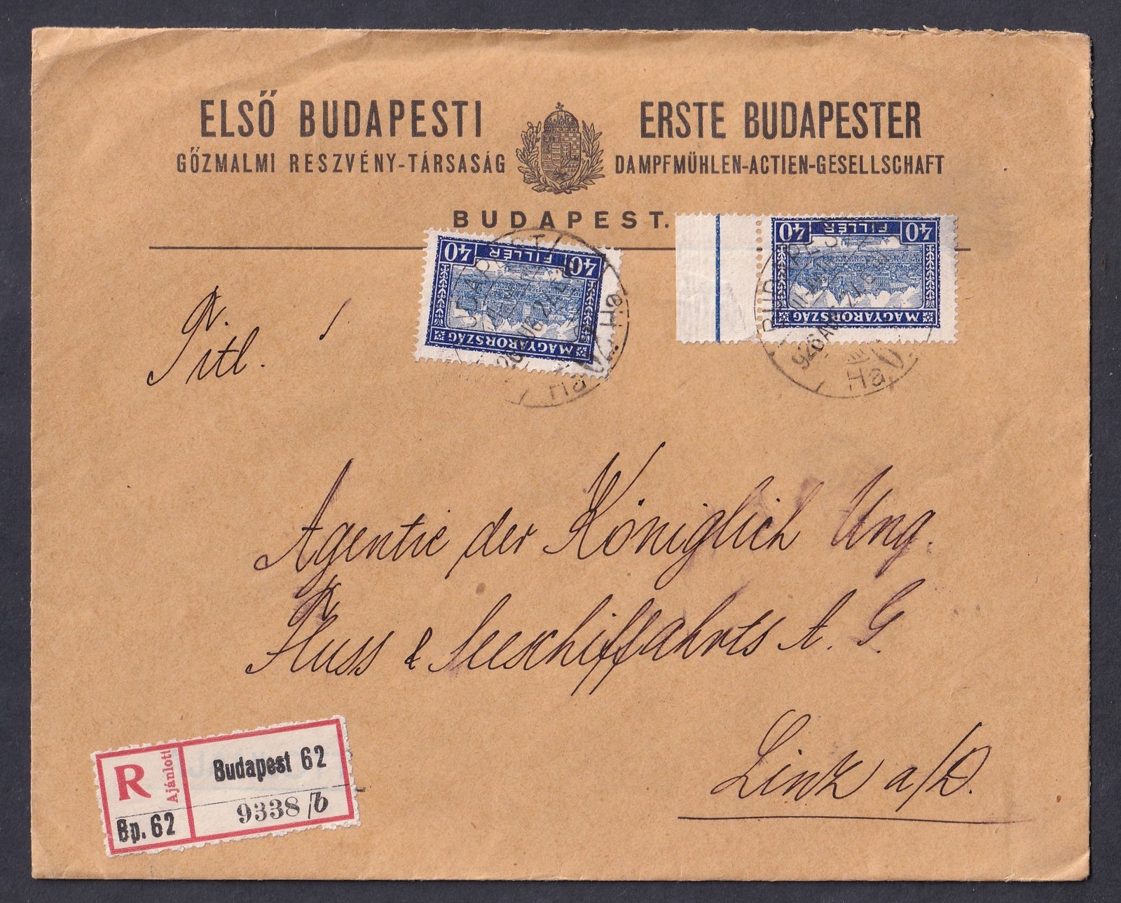 1926. Budapest, Linz-e feladott ajánlott levél
