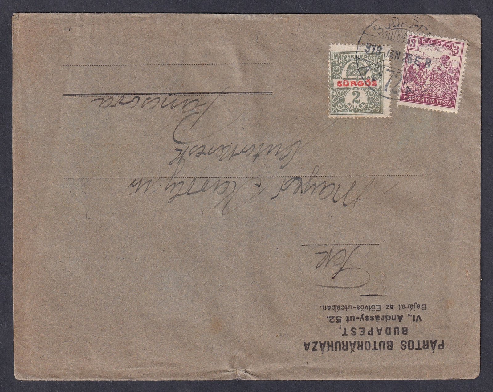 1918. Budapest, Pancsovába feladott (expressz) nyomtatvány boríték - Sürgős bélyeggel (R)