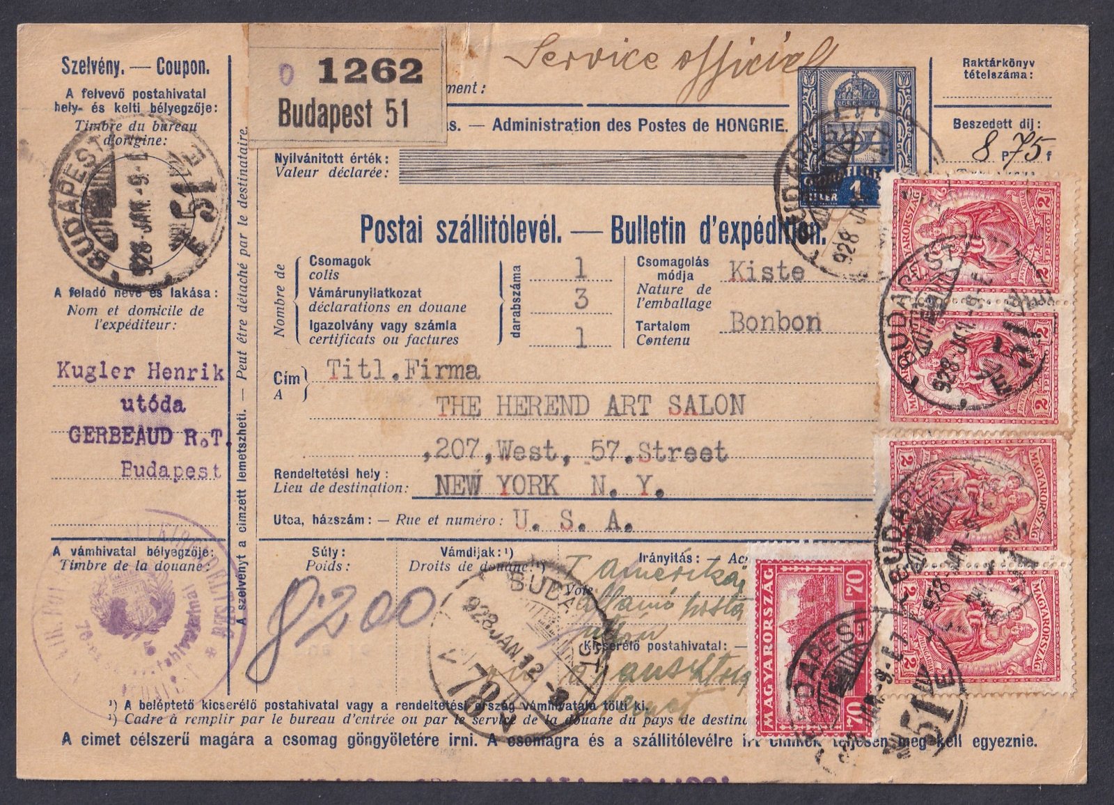 1928. Budapest, New York-ba feladott postai szállítólevél