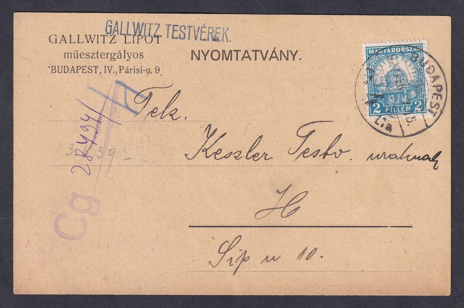 1922. Budapest, helyben feladott nyomtatvány