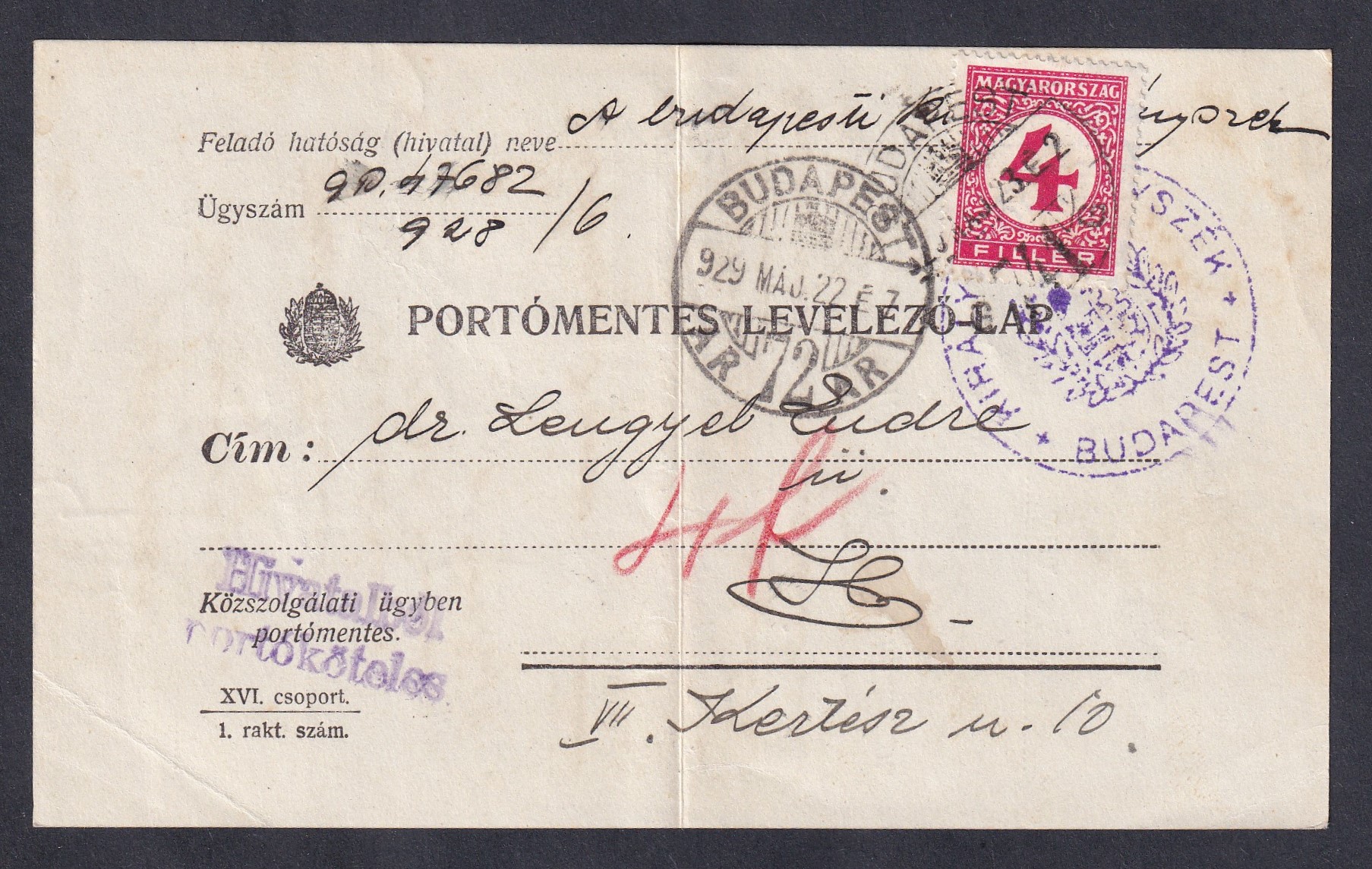 1929. Budapest, helyben feladott portóköteles levelezőlap – portókötelesként felhasználva
