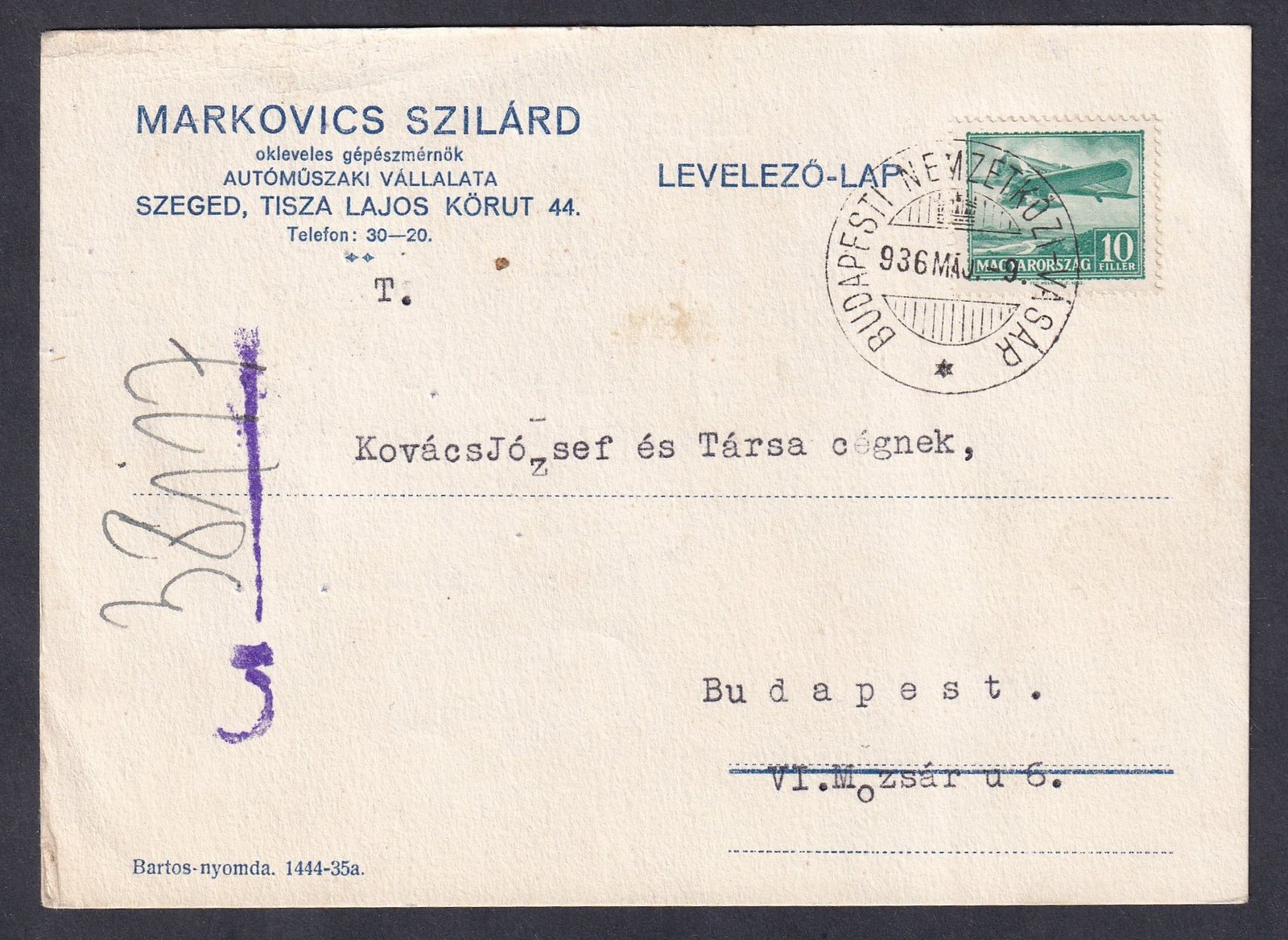 1936. Budapest, helyben feladott levelezőlap, alkalmi bélyegzéssel