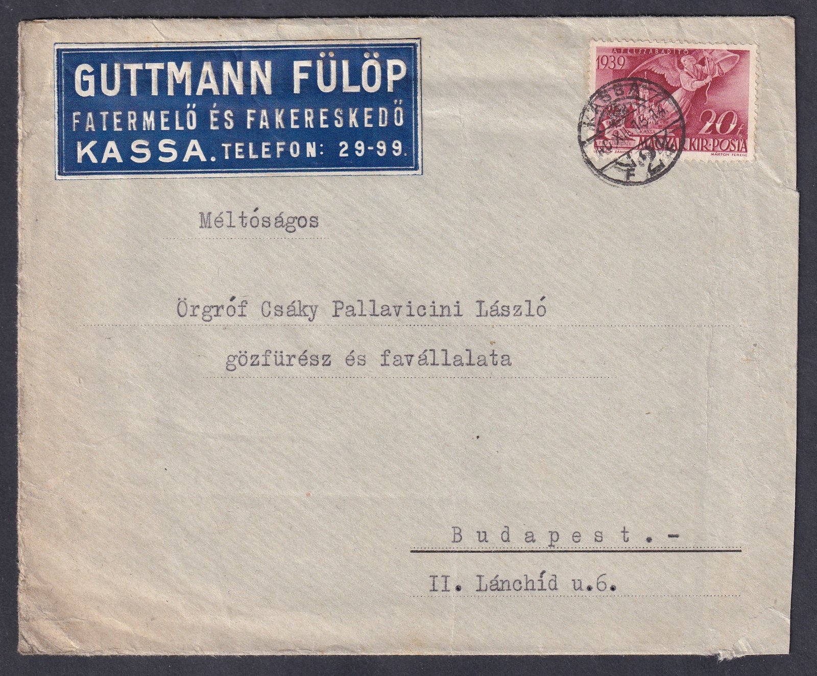 1940. Kassa, Budapestre feladott levél, a felódó adatai reklám levélzáróval