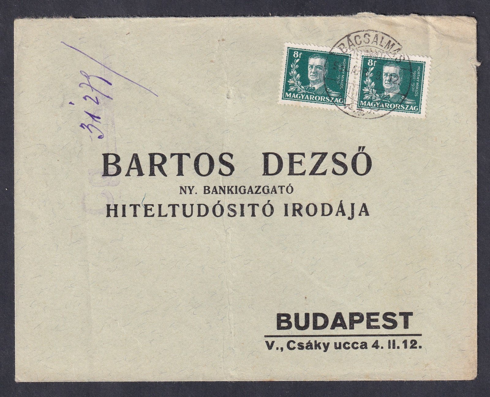 1930. Bácsalmás, Budapestre feladott levél