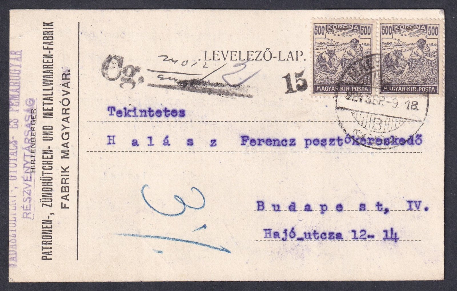 1924. Magyaróvár, Budapestre feladott levelezőlap