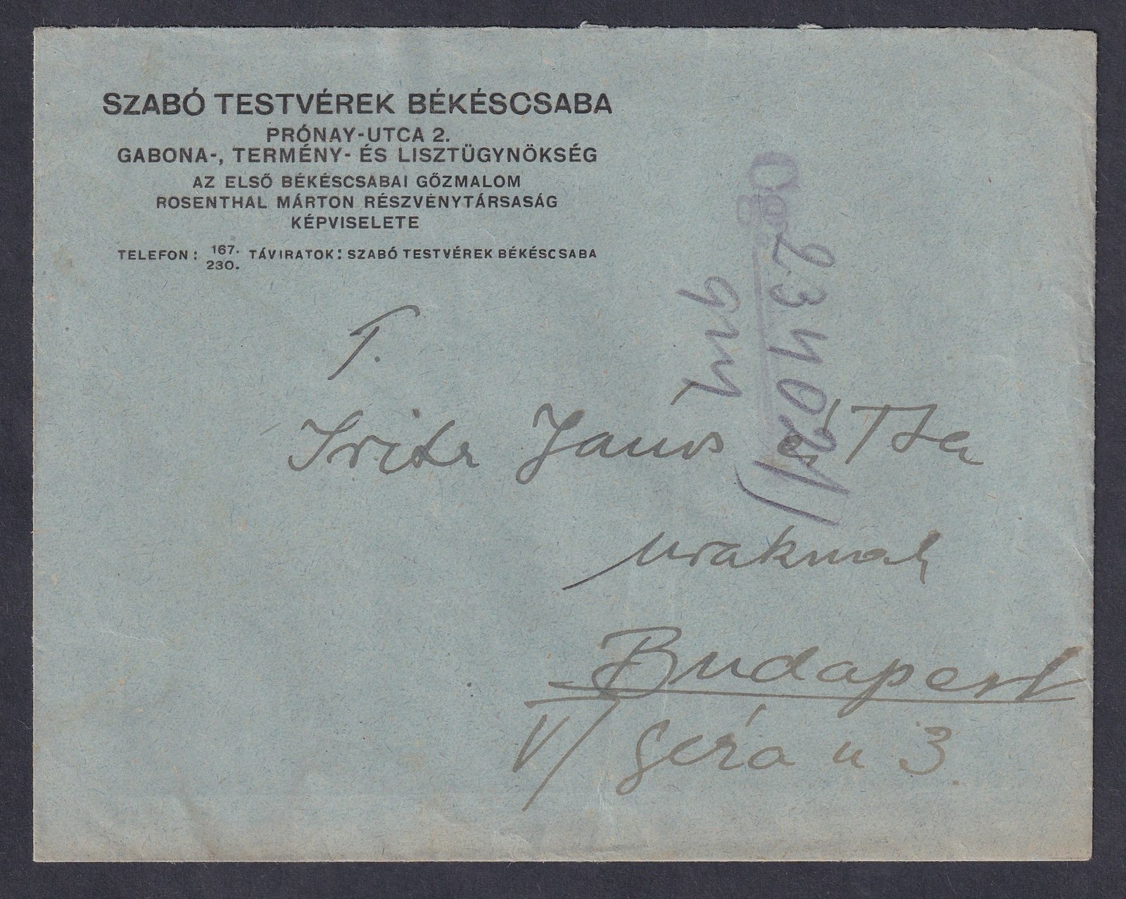 1924. Békéscsaba, Budapestre feladott levél