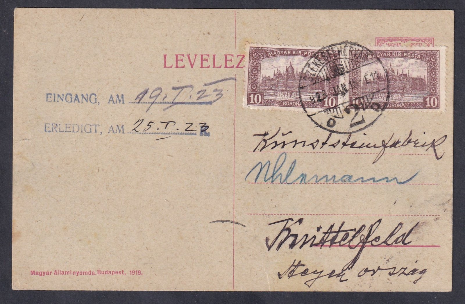 1923. Székesfehérvár, Knittelfeld (Ausztria)-ba feladott  levelezőlap - álvegyes bérmentesítés
