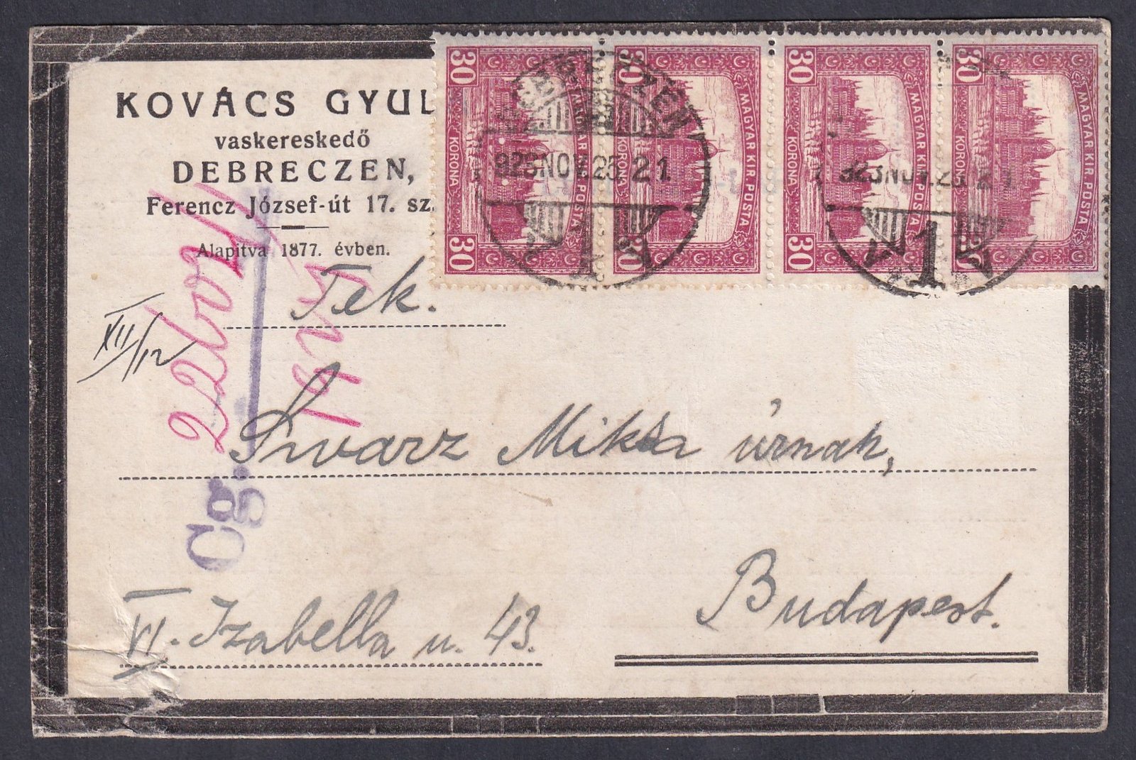 1923. Debrecen, Budapestre feladott levelezőlap