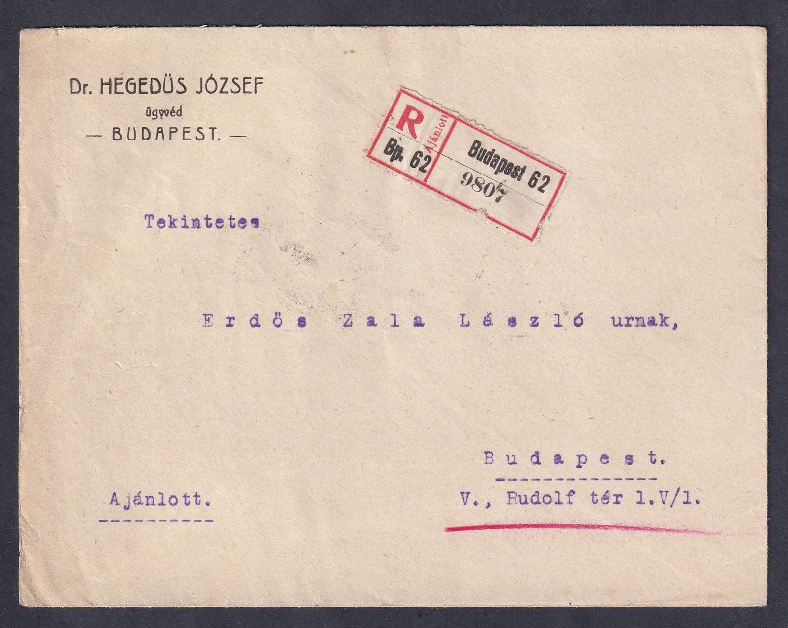 1923. (6. d.sz.) Budapest, helyben feladott ajánlott levél