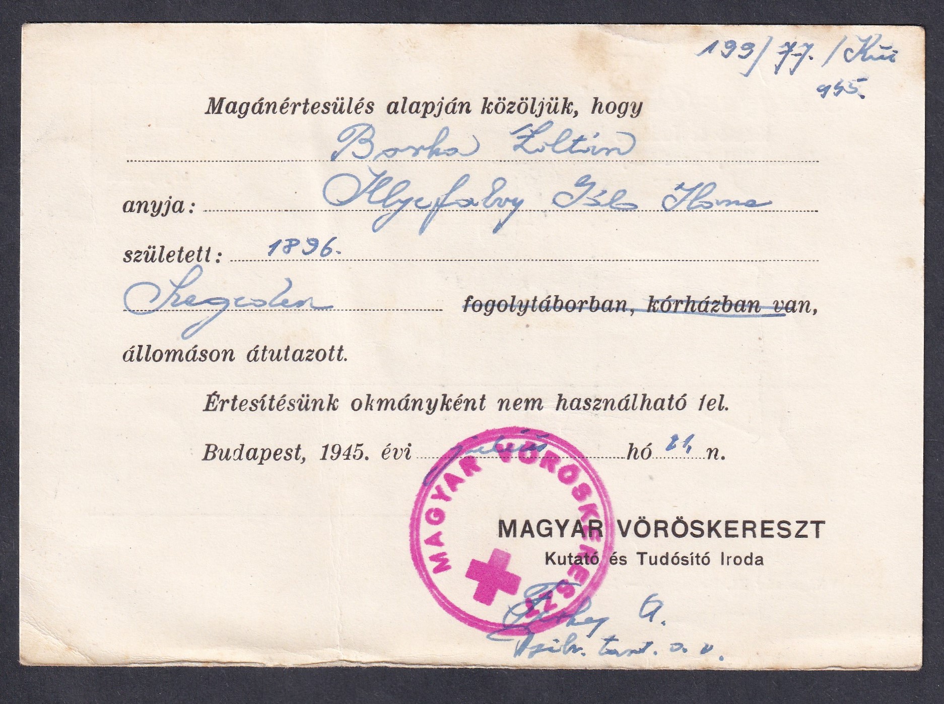 IMG_20260429_0096 1945. Magyar Vöröskereszt által kiállított hadifogoly-értesítő, portó mentes levelezőlap