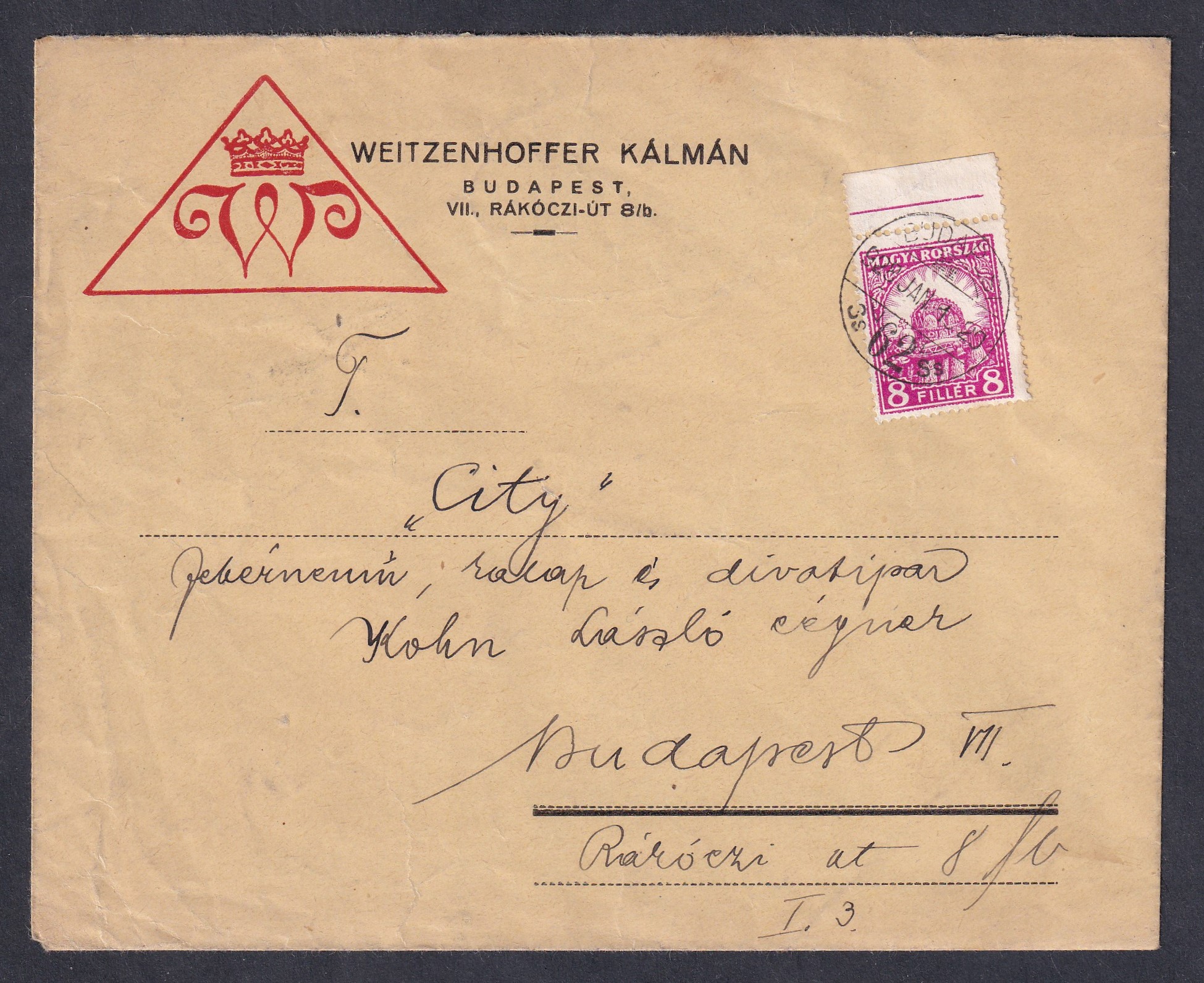 1928. Budapesten helyben feladott levél – ívszéli bélyeggel, az ívszélen nyomdai jelzéssel