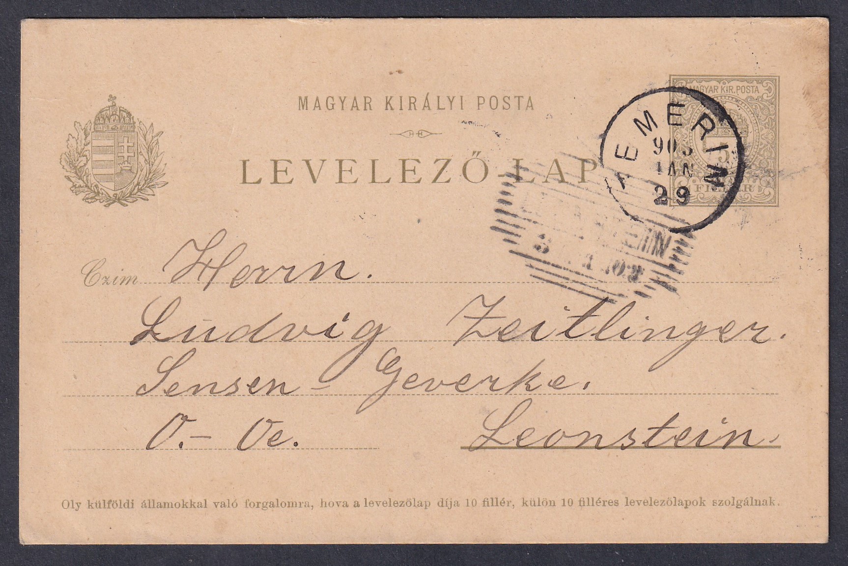 1903. Temerin, Leonstein-be feladott levelezőlap