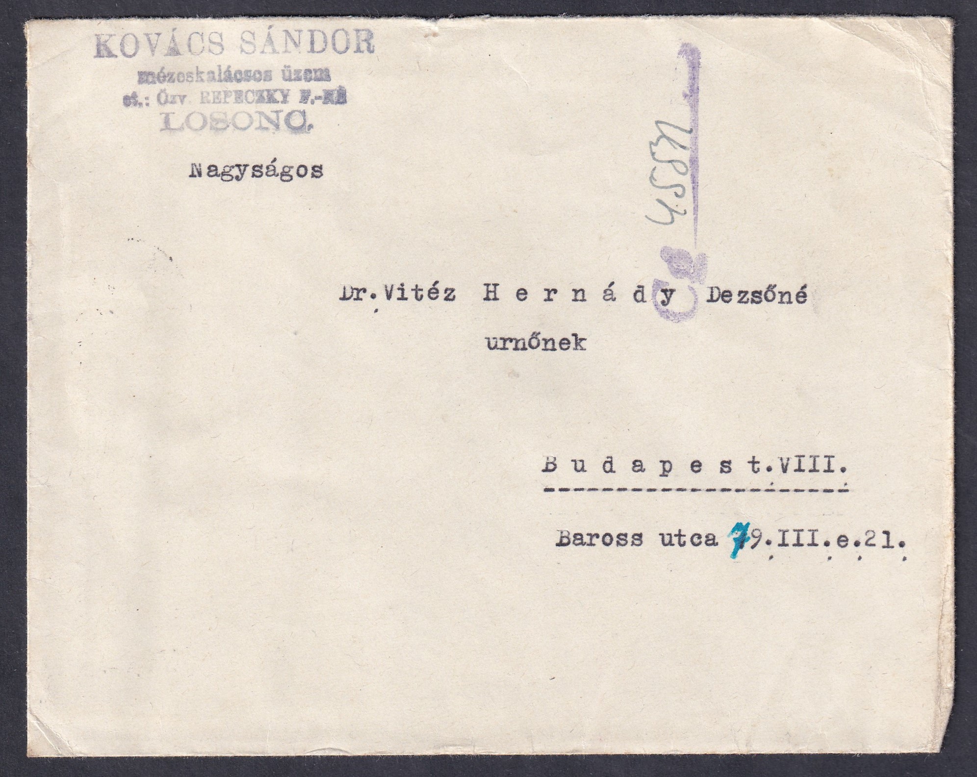 1942. Budapest, Losonora feladott levél