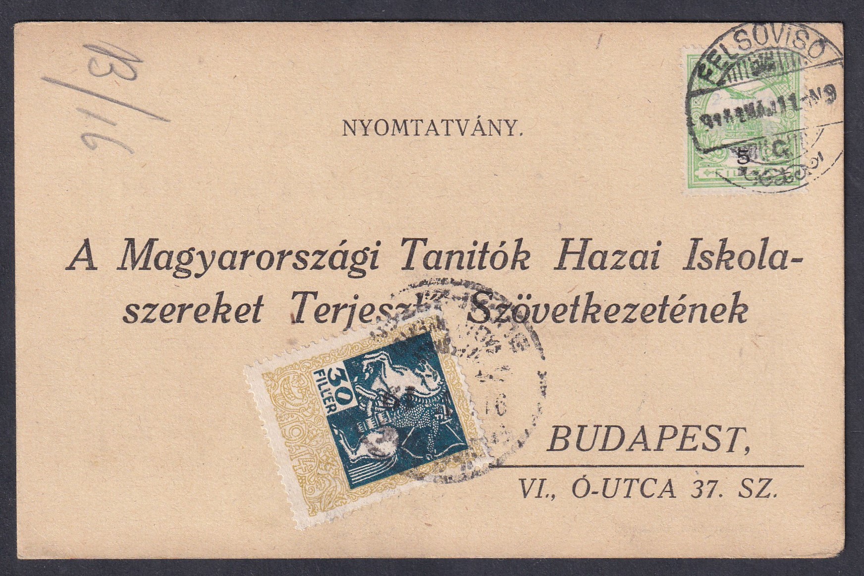 1917. Belépési nyilatkozat a Magyarországi Tanítók Hazai Iskolaszereket Terjesztő Szövetkezetébe. Herczegszőllős (Baranya) néptanítója által kitöltve, 20 korona névértékű részjegy jegyzésével. 5 filléres zöld Turul postabélyeggel bérmentesített, valamint 20 filléres illetékbélyeggel ellátott nyomtatvány
