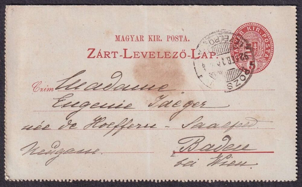 1892. POZSONY, Baden bei Wien -be feladott Zárt-Levelezőlap