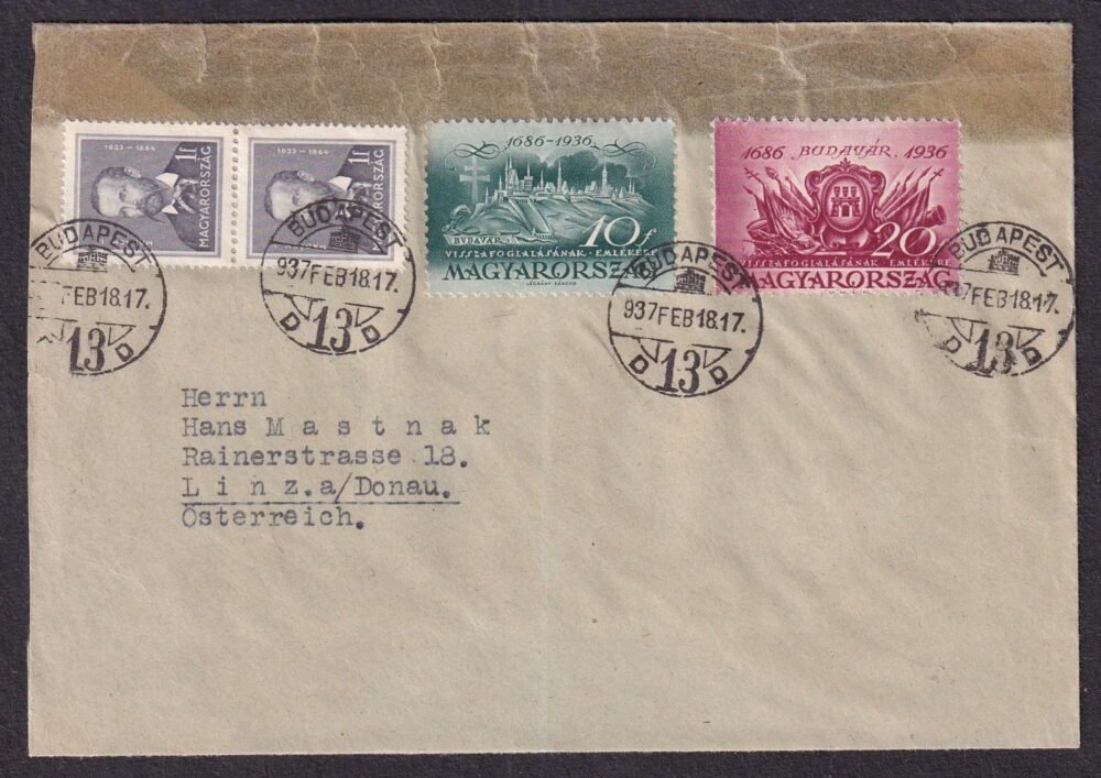 1937. Budapest, Linz a Donau -ba feladott levél, jobb színes, többes és vegyes bérmentesítéssel