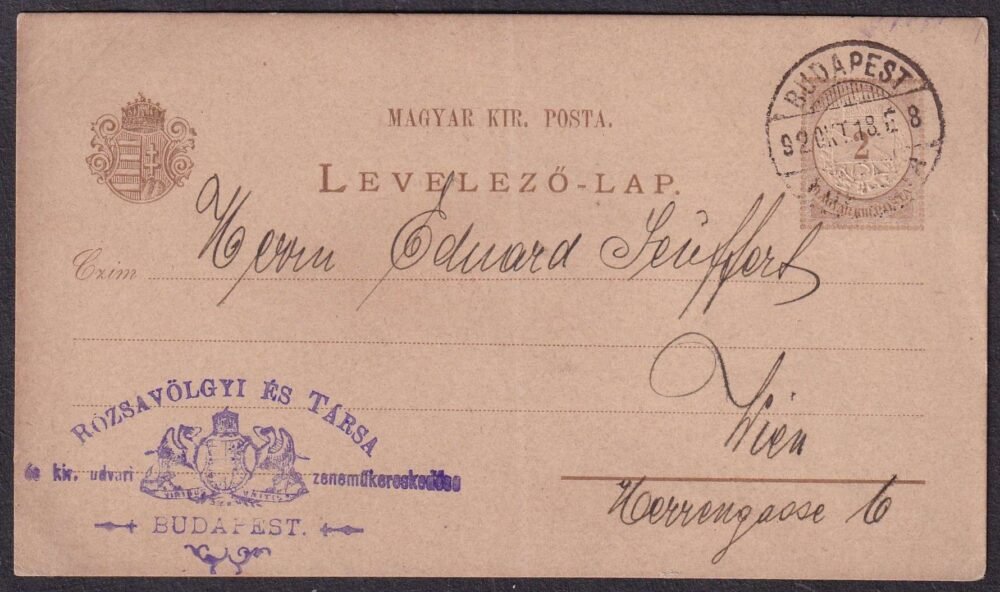 1892. Budapest, Bécsbe feladott levelezőlap - reklám bélyegzéssel
