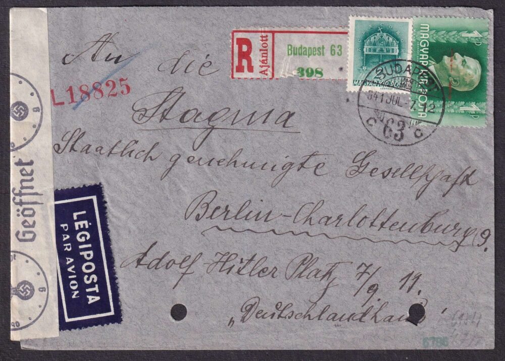1941. Budapest, Berlinbe légipostán feladott, cenzúrázott ajánlott levél