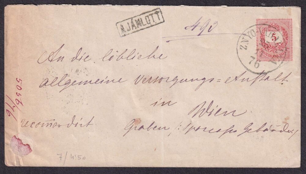 1876. ZNYO-VÁRALLYA (Gudlin 250 pont), Bécsbe feladott díjkiegészített boríték