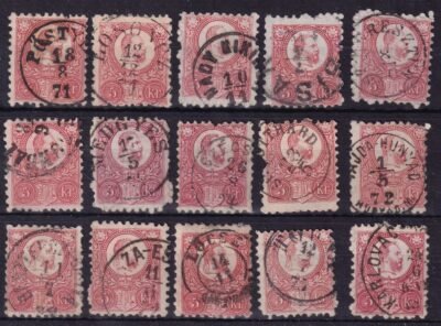 15 db 1871. 5kr, sok jó bélyegzéssel