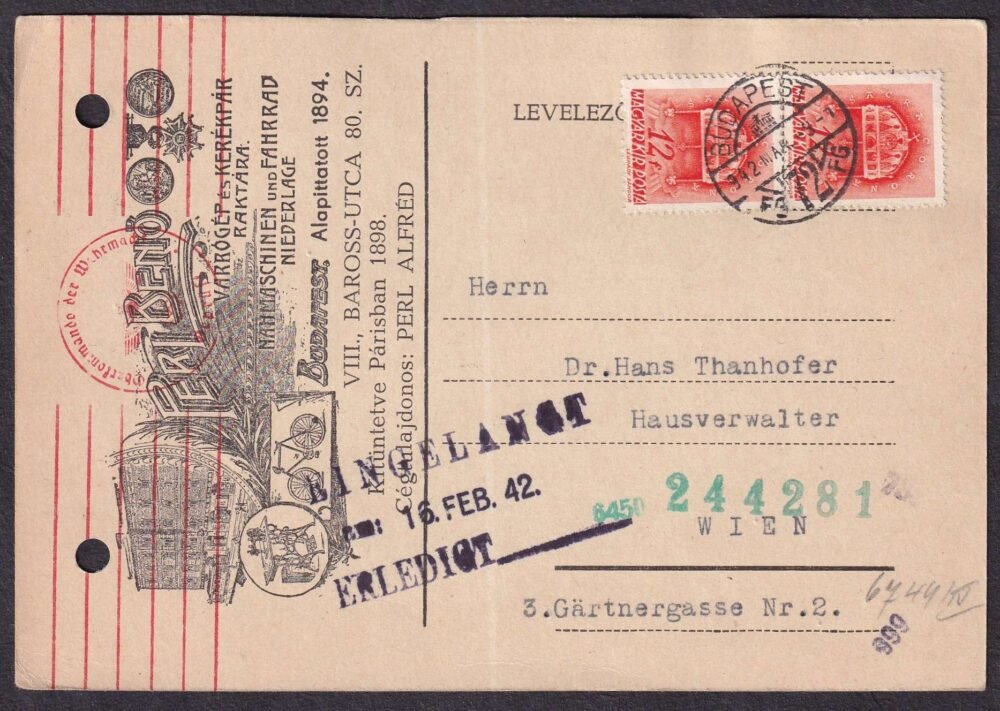 1942. Budapest, Bécsbe feladott cenzúrázott céges levelezőlap