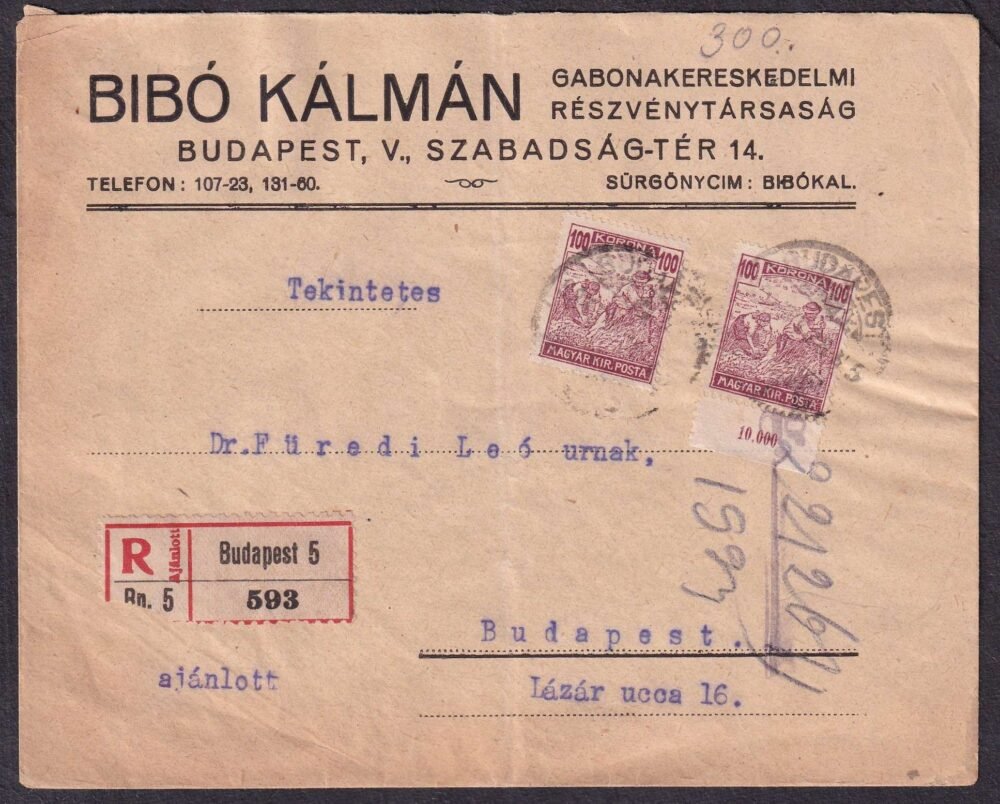 1923. nov. 26. Budapest, helyi ajánlott céges levél 22 db bélyeggel bérmentesítve (korona inf. 10. díjszabás)