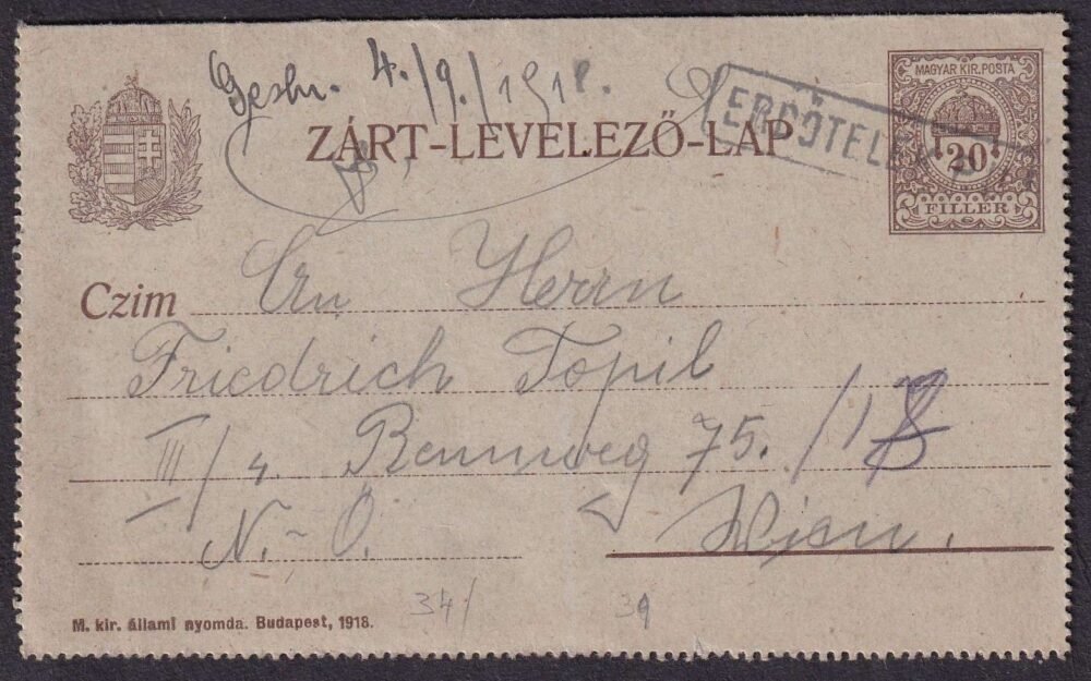 1918. Zárt levelezőlap - EDŐTELEK PU vasúti bélyegzéssel
