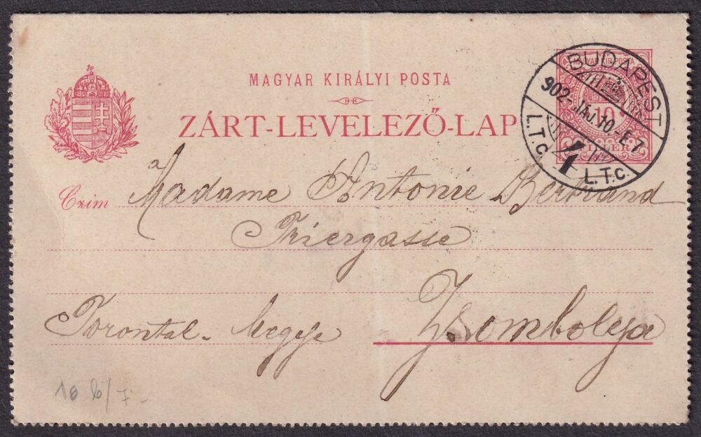 1902. Budapest, Zsombolyára feladott zárt-levelezőlap