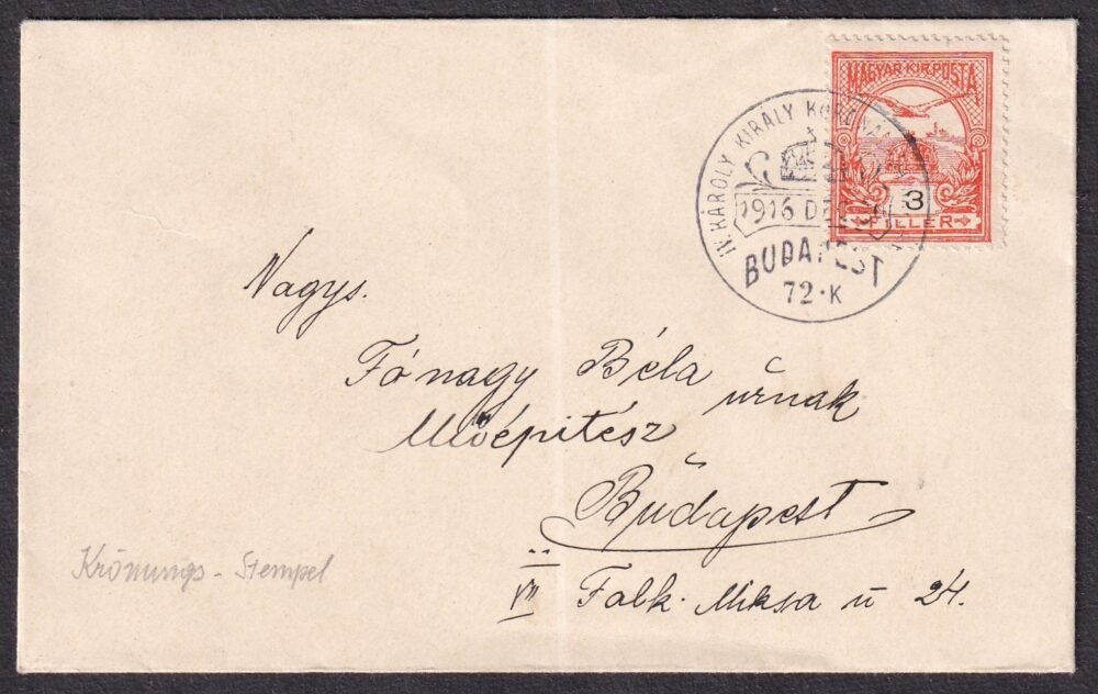 1916. Koronázás alkalmi bélyegzéssel feladott nyomtatvány boríték