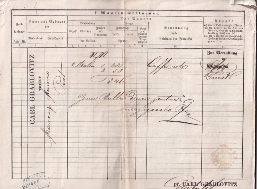 1875. Triest, árunyilatkozat