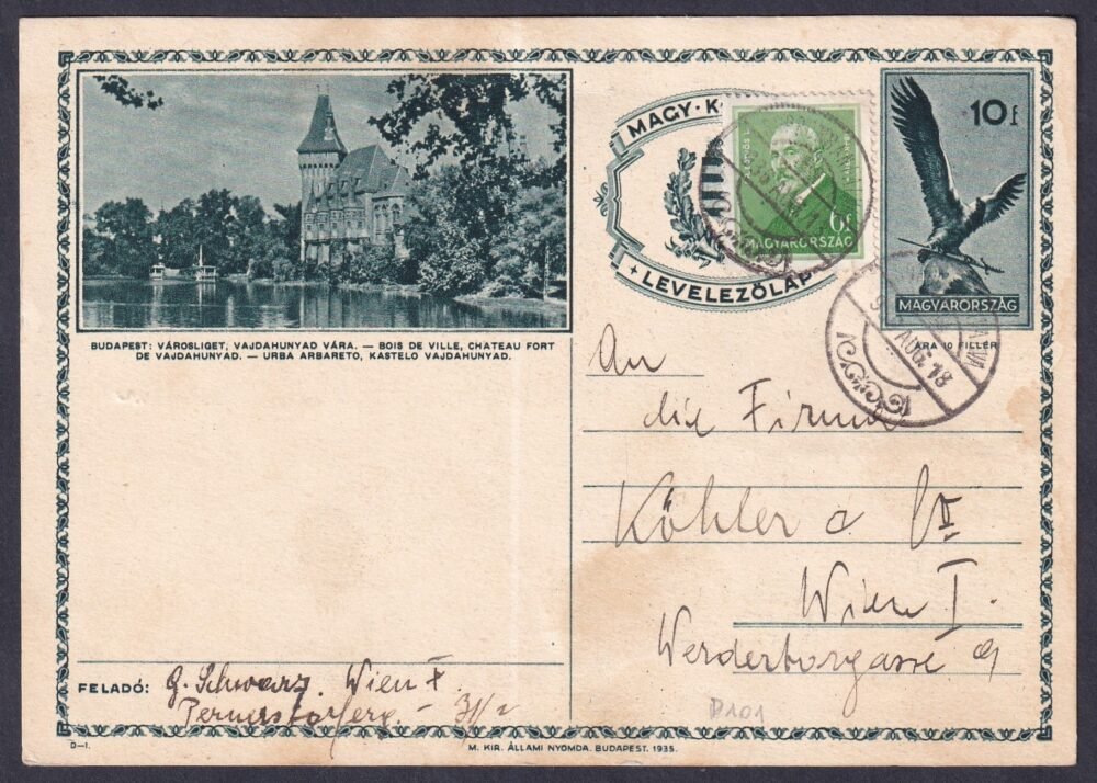 1936. Korpona, Bécsbe feladott díjkiegészített képeslevelező lap