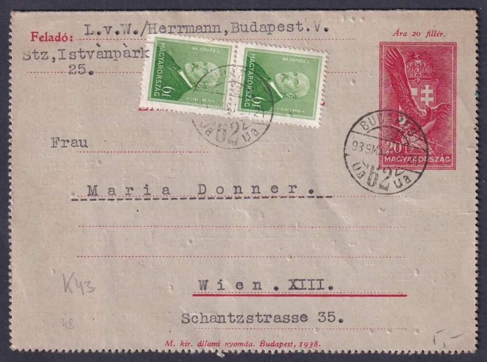 1939. Budapest, Bécsbefeladott díjkiegészített Zárt-levelezőlap