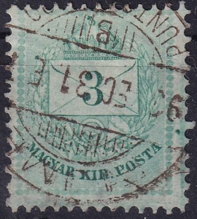 1881. Színesszámú 3 krajcáros, "színezett alapú bélyeg" jobb oldalon nagy varratfolttal