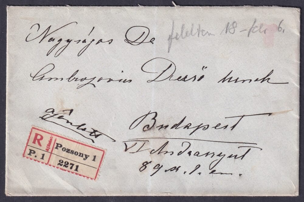 1918. Pozsony, Budapestre feladott ajánlott levél